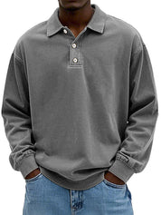 Polo Sweatshirt - Collared - Washed - Oversized Pullover - Men's Clothing