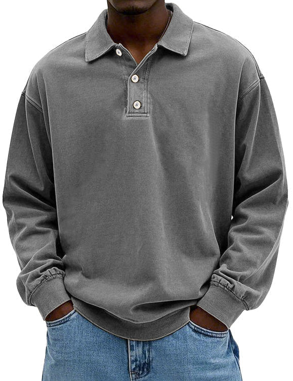 Polo Sweatshirt - Collared - Washed - Oversized Pullover - Men's Clothing