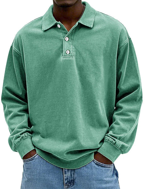 Polo Sweatshirt - Collared - Washed - Oversized Pullover - Men's Clothing