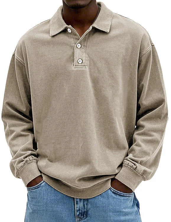 Polo Sweatshirt - Collared - Washed - Oversized Pullover - Men's Clothing