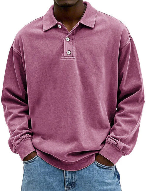 Polo Sweatshirt - Collared - Washed - Oversized Pullover - Men's Clothing