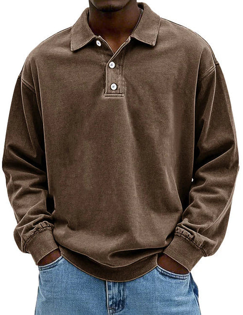 Polo Sweatshirt - Collared - Washed - Oversized Pullover - Men's Clothing
