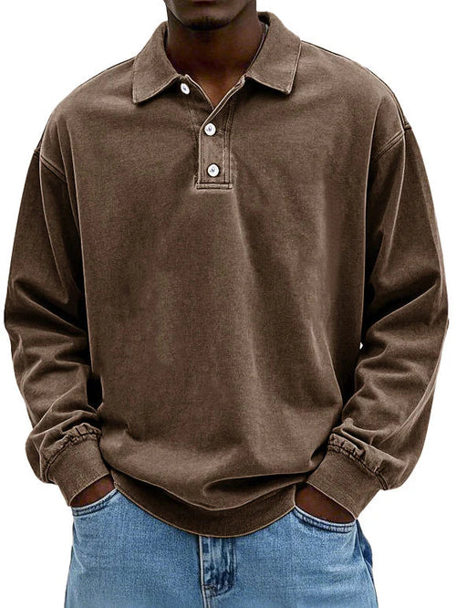 Polo Sweatshirt - Collared - Washed - Oversized Pullover - Men's Clothing