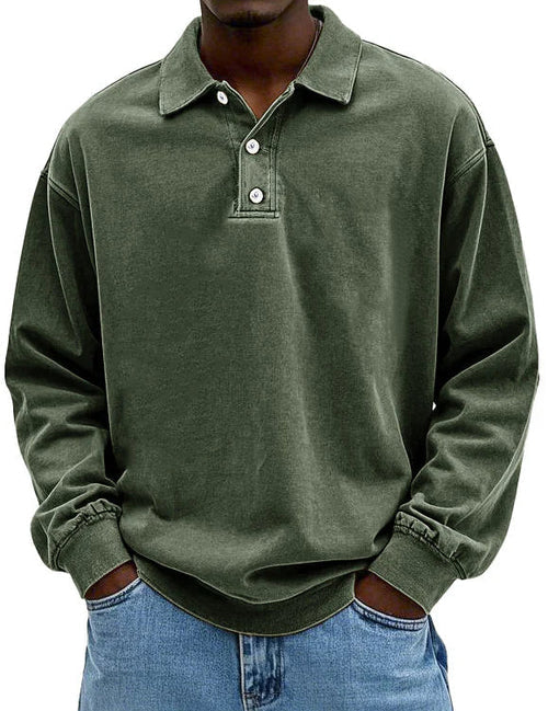 Polo Sweatshirt - Collared - Washed - Oversized Pullover - Men's Clothing