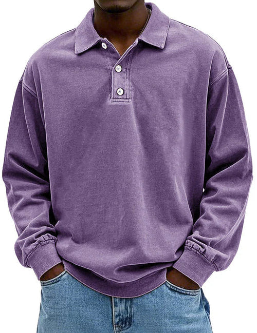 Polo Sweatshirt - Collared - Washed - Oversized Pullover - Men's Clothing