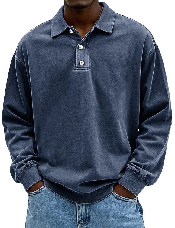 Polo Sweatshirt - Collared - Washed - Oversized Pullover - Men's Clothing