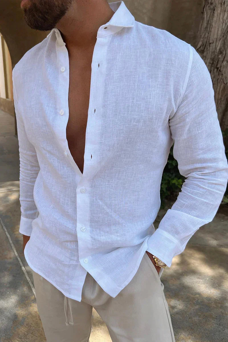 White Linen Shirt - Lightweight - Long Sleeve - Button-Up Shirt - Men's Linen Shirt
